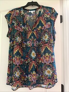 DR2 Multi-Color Floral Paisley V-Neck Cap Sleeve Blouse